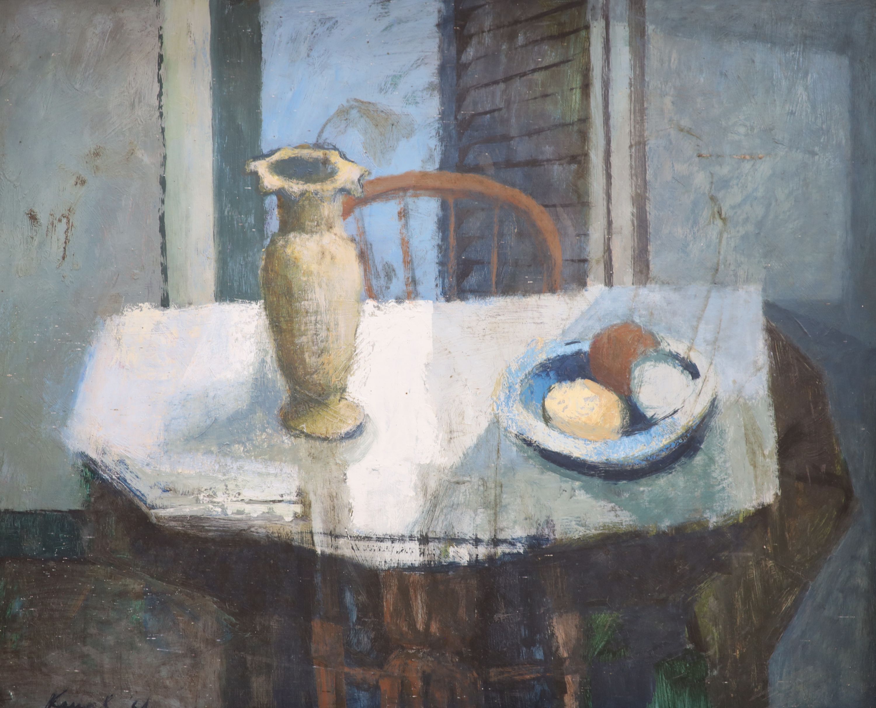 Modern British, oil on board, Table top still life with eggs and a vase, indistinctly signed and dated '64, 64 x 80cm